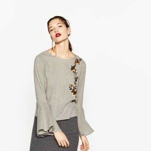 Zara Women's Top Blouse Gray Embroidered Floral Flared Sleeves Open Back XS